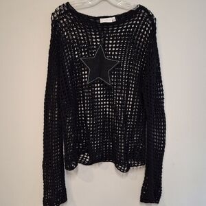 Daisy Street Black Open-Knit Sweater Crochet Top Long Sleeve Star Knit Long Soft